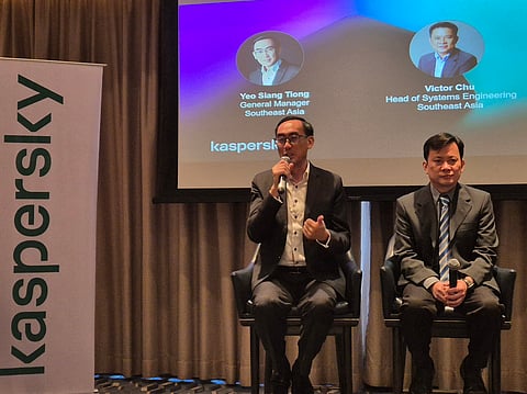 In photo: (left) Yeo Siang Tiong, general manager for Southeast Asia at Kaspersky, and Victor Chu, head of Systems Engineering for Southeast Asia at Kaspersky hold a press conference to launch a new cybersecurity solution.