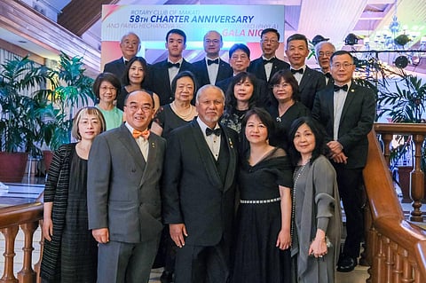 RC Makati president Bing Matoto (center), poses with Rotary Club of Taoyuan president Fred (2nd from left) and the rest of the RC Taoyuan delegation who flew to Manila from South Korea to attend RC Makati's 58th Charter Anniversary celebration held in the Main Lounge of the Manila Polo Club in Makati last Friday, 15 March 2024.