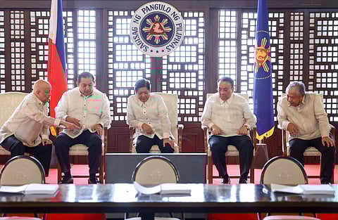 SAN Miguel Corp. president and CEO Ramon S. Ang (leftmost) presents their plan for the rehabilitation and modernization of the Ninoy Aquino International Airport under a public-private partnership deal he signed with the Manila International Airport Authority and the Department of Transportation led by Secretary Jaime Bautista (rightmost). Listening intently were (from left) Speaker Martin Romualdez, President Ferdinand Marcos Jr., and Executive Secretary Lucas Bersamin.