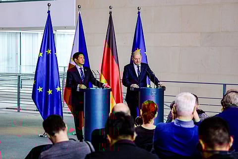 LOOK: President Ferdinand Romualdez Marcos Jr. and German Chancellor Olaf Scholz answer questions from the members of the media during the joint press conference at the Chancellery as part of President Marcos' working visit to Germany on Tuesday, 12 March 2024.