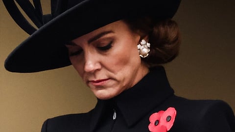 (FILES) Britain's Catherine, Princess of Wales reacts as she attends the Remembrance Sunday ceremony at the Cenotaph on Whitehall in central London, on 12 November 2023.