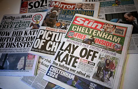 A picture shows the front pages of some of Britain's national newspapers, dominated by stories about the altered mother's day photo released by Kensington Palace on March 10, of Britain's Catherine, Princess of Wales and her children, in London on March 12, 2024.