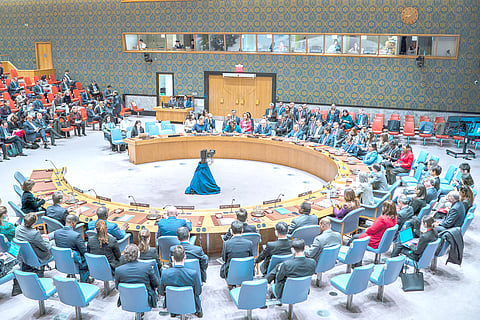 US Ambassador to the United Nations Linda Thomas-Greenfield speaks during a UN Security Council meeting at the United Nations headquarters in New York City. The United Nations Security Council did not secure enough votes to pass the US-proposed resolution calling for a ceasefire tied to the release of hostages in Gaza.