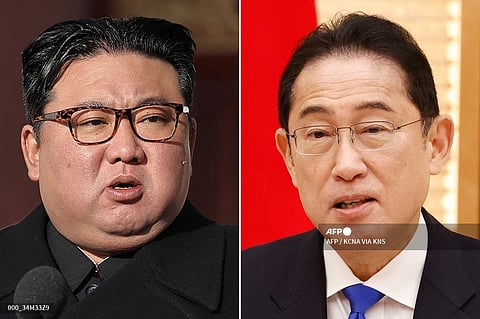 This combination of pictures created on 25 March 2024 shows a picture taken on 8 February 2024 and released by North Korea's official Korean Central News Agency (KCNA) of North Korean leader Kim Jong Un (L) delivering a speech at the Ministry of National Defence in Pyongyang on the occasion of the 76th founding anniversary of the Korean People's Army, and Japan's Prime Minister Fumio Kishida delivering a speech during the graduation ceremony of the National Defence Academy in Yokosuka, Kanagawa prefecture on March 23, 2024. North Korean leader Kim Jong Un's powerful sister said on 25 March 2024 that Japanese Prime Minister Fumio Kishida has requested a summit with her brother, adding any meeting was unlikely without a policy shift by Tokyo.