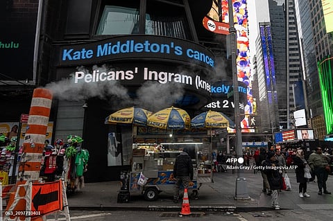 A screen in Times Square displays the news of Kate Middleton's cancer diagnosis on 22 March 2024 in New York City.
Catherine, Princess of Wales, disclosed that she is undergoing chemotherapy for cancer at an early stage, appealing for "time, space, and privacy" as she completes her treatment.