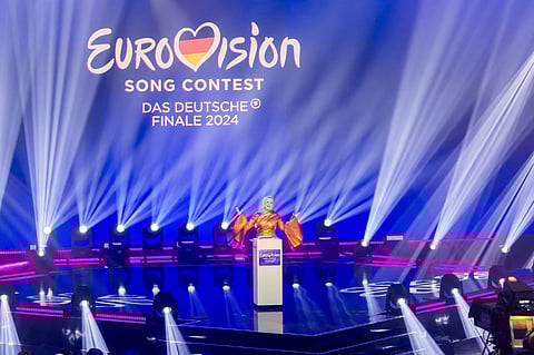 (FILES) German host Barbara Schoeneberger presents the German selection show for the 2024 Eurovision Song Contest on early 17 February 2024 in Berlin. German singer Isaak will represent Germany at the final of the 2024 Eurovision Song Contest held on 11 May 2024 in Malmo, Sweden.