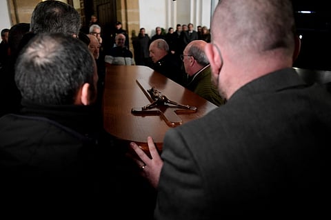 Pallbearers carry the casket of late verger Diego Valencia, at the Nuestra Senora de La Palma church, where an attack happened a day earlier, in Algeciras, southern Spain, on 26 January 2023. The city of Algeciras was united in mourning a day after a machete-wielding Moroccan stormed two churches, killing a verger and seriously wounding a priest in the multicultural southern Spanish port. The attacks took place on 25 January evening as worshippers met to celebrate the Eucharist at two churches in the city near to each other. Police arrested the 25-year-old alleged assailant at the scene.