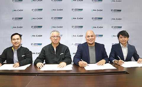 Contract signing between UnaCash and MemoXpress. (From left) Paul Balisi (business development and organized channel head, MemoXpress), Edward Tan vice president for operations, MemoXpress, Erwin Ocampo, head of product, UnaCash, Sean Plantado, channel manager, UnaCash.
