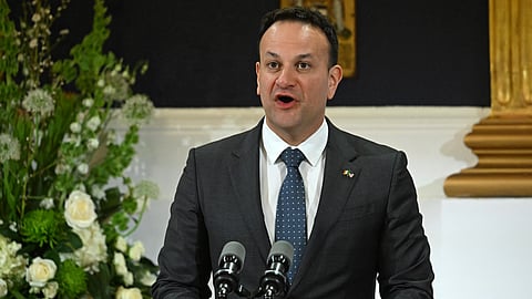 (FILES) Ireland's Prime Minister Leo Varadkar speaks during a Banquet Dinner in honour US President Biden, at Dublin Castle on 13 April 2023. Leo Varadkar announced on 20 March 2024 that he was stepping down as Ireland's prime minister and leader of the Fine Gael party in the governing coalition for personal and political reasons. "I am resigning the presidency and leadership of Fine Gael and will resign as Taoiseach as soon as my successor is able to take up that office," an emotional Varadkar told reporters in Dublin.