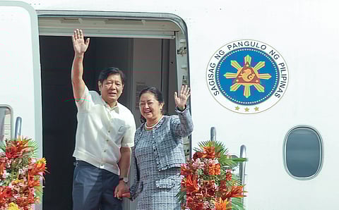 PRESIDENT Ferdinand Marcos Jr. and First Lady Liza Araneta-Marcos wave before departing from the Villamor Airbase for central Europe on Monday, visiting Germany and the Czech Republic.
