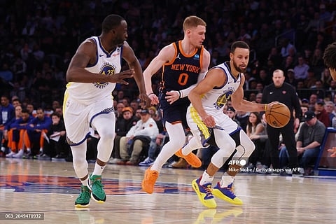Stephen Curry #30 of the Golden State Warriors drives to the basket against Donte DiVincenzo #0 of the New York Knicks at Madison Square Garden on 29 February 2024 in New York City.