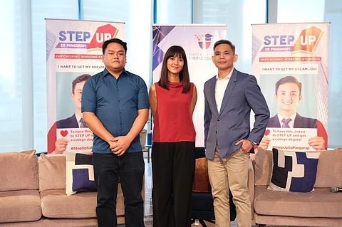 Stepping up together are (from left) Nico Lim, BS IT Data Analytics working student, Mapua Malayan Digital College; show host Bianca Gonzalez; and Noel Torregoza, head of instructional system design and academic, Mapua Malayan Digital College.