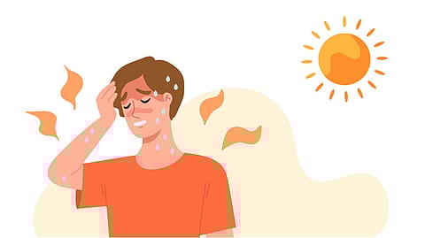 Heat stroke symptoms: high body temperature, sweat, perspiration, headache, red skin, and dehydration.
