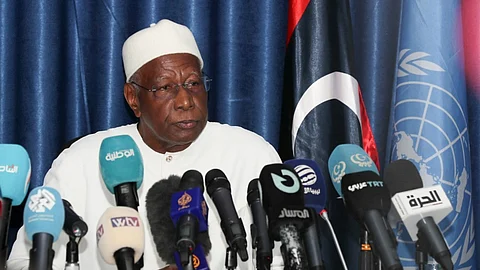 (FILES) Abdoulaye Bathily, UN Special Representative for Libya and Head of the United Nations Support Mission in Libya (UNSMIL), gives a press conference in Tripoli on 11 March 2023.
