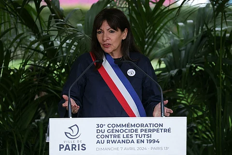 Mayor of Paris, Anne Hidalgo delivers a speech during a commemoration ceremony to mark the 30th Anniversary of the 1994 Rwanda genocide, in Paris on 7 April 2024. 7 April marks the 30th Anniversary of a vicious campaign orchestrated by Hutu extremists which tore the country apart, as neighbors turned on each other in one of the bloodiest massacres of the 20th century. The killing spree, which lasted 100 days before the Rwandan Patriotic Front (RPF) rebel militia took Kigali in July 1994, claimed the lives of around 800,000 people, largely Tutsis but also moderate Hutus.
