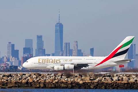 (FILES) An Airbus A380 passenger aircraft of Emirates airlines to Dubai prepares to take off at JFK International Airport in New York on 7 February 2024.