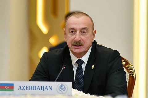(FILES) In this handout photograph taken and released by Azerbaijani Presidential Press Office on 9 November 2023 Azerbaijan's President Ilham Aliyev attends the 16th Economic Cooperation Organization Summit in Tashkent.