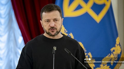 This handout photograph taken and released by the Ukrainian Presidential press service shows President Volodymyr Zelensky speaking during the awarding ceremony for soldiers in Kyiv on 22 April 2024, amid the Russian invasion of Ukraine.
