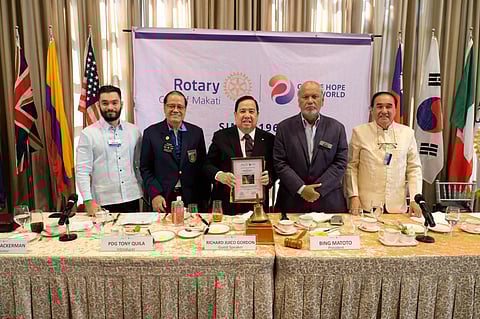 The Philippine Red Cross and the Rotary Club of Makati inked a memorandum of agreement last 16 April 2024 at the Peninsula Manila, Makati which would strengthen their partnership in undertaking humanitarian work especially in times of crisis. Shown In the photo are (from left) RC Makati past president David Ackerman, past district governor Tony Quila, PRC chairman and CEO Richard Gordon, RC Makati president Senen ‘Bing’ Matoto and Rotarian Boy Arteche.