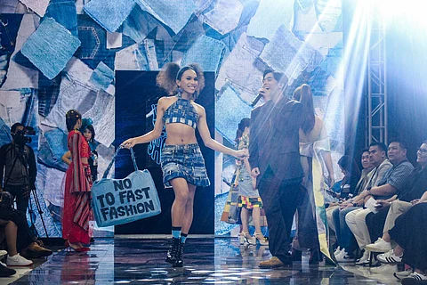 MODEL Kyle Fadera ramps designer Renegade Limpin’s denim creation.