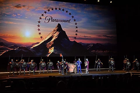 Chris Aronson, President of Domestic Distribution, Paramount Pictures arrives onstage dressed as a Gladiator during Paramount Pictures presentation at The Colosseum at Caesars Palace at CinemaCon 2024 in Las Vegas, Nevada, on 11 April 2024.