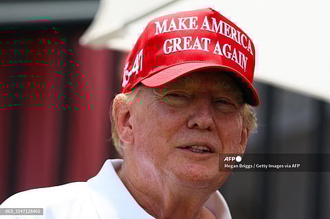 Former U.S. President Donald Trump looks on at the first tee during day three of the LIV Golf Invitational - Miami at Trump National Doral Miami on 7 April 2024, in Doral, Florida.