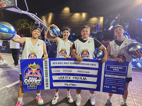 Sam Harada, Kaye Pingol, Eunique Chan and Afril Bernardino of Uratex Dream celebrate after defending their title in the Red Bull Half Court Philippines 2024 late Saturday at the Kartilya ng Katipunan in Manila.