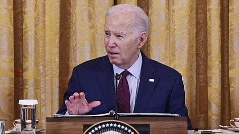 US President Joe Biden speaks during a trilateral meeting with Japanese Prime Minister Fumio Kishida and Filipino President Ferdinand Marcos Jr. in the East Room of the White House in Washington, DC, on 11 April 2024.