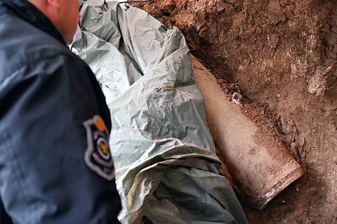A handout photo distributed on 21 April 2024 by the Ministry of the Interior of Serbia, shows an unexploded bomb from the 1999 NATO bombing at a construction site in Nis, southern Serbia. Experts on Sunday removed a bomb in a southern Serbian city, remaining from 1999 NATO bombing of the country, prompting the evacuation of more than a thousand residents, officials said. The 1,000-kilo (2,200-pound) bomb was successfully removed from a construction site in a neighborhood of Nis, an interior ministry official said.