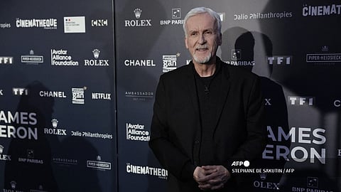 Canadian filmmaker James Cameron poses during a photocall for the opening of the exhibition entitled 'The Art of James Cameron' at the Cinematheque Francaise in Paris on 3 April 2024.