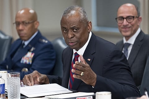 US Defense Secretary Lloyd Austin speaks during a meeting with Iraqi Prime Minister Mohammed Shia al-Sudani (out of frame) at the Pentagon on 15 April 2024, in Washington, DC. Sudani's trip to Washington, his first since taking office in October 2022, was originally expected to focus on the presence of US troops in Iraq as part of an anti-jihadist coalition. But the meetings will now be dominated by the fractious situation in the region after Iraq's neighbor Iran launched a massive missile and drone assault on Israel on 13 April 2024.