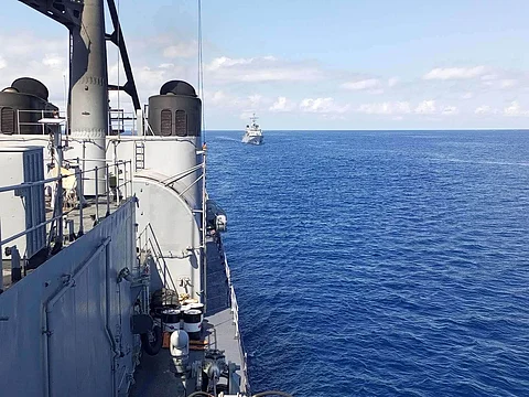 Naval action Surface vessel FS ‘Vendemiaire’ (FFH734) of the French Navy conducts division tactics or DIVTACS taken aboard the Philippine Navy’s offshore patrol vessel BRP ‘Ramon Alcaraz’ (PS16) on Friday, during the Philippine-United States Balikatan 2024 military exercises.