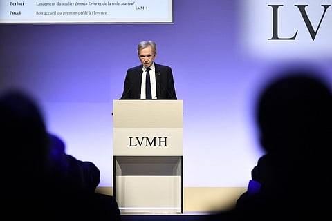 (FILES) World's top luxury group LVMH head Bernard Arnault presents the group's 2023 annual results in Paris, on 25 January 2024. LVMH announced record sales for 2023, totaling 86,2 billion euros, resulting in 15,2 billion euros in profit.