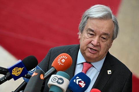 United Nations (UN) Secretary-General Antonio Guterres speaks to the press as he arrives to attend a European Council summit at the EU headquarters in Brussels on 21 March 2024.