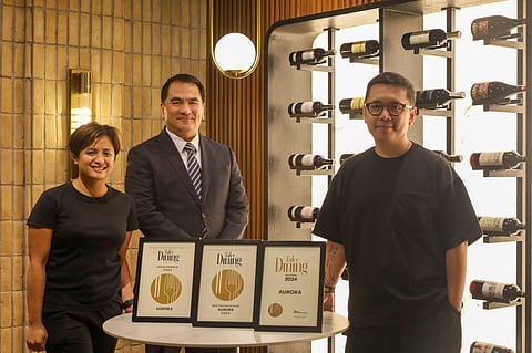 The dynamic team behind Aurora, named Best New Restaurant in Tatler Philippines’ Tatler Dining Guide 2024: (From left) Chef Quenee Vilar, Atty. Nilo Divina and Chef Nicco Santos.