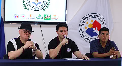 Patafa secretary general Jasper Tanhueco (center) explains the dynamics of the ICTSI Philippine Athletics Championships during the PSA Forum on Tuesday. Also shown are Patafa executive Relli de Leon (left) and national coach Jeoffrey Chua.