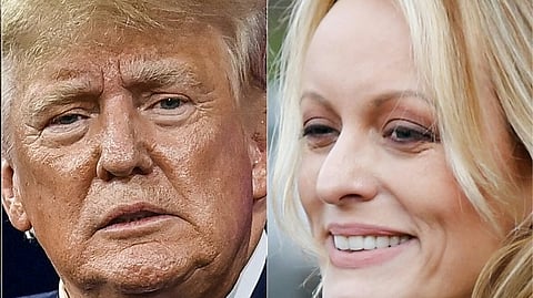 (COMBO) This combination of file pictures created on May 11, 2023 shows (L-R) former US President Donald Trump in Orlando, Florida, on 26 February 2022; and Adult-film actress Stephanie Clifford, also known as Stormy Daniels, in New York City on 16 April 2018.