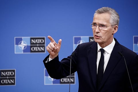 Secretary General of NATO Jens Stoltenberg gestures during a press conference at the end of a virtual meeting of the NATO-Ukraine Council (NUC) at the NATO headquarters in Brussels, on 19 April 2024.
