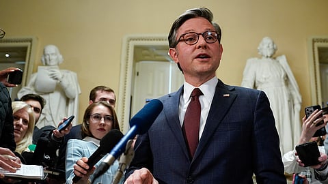 Speaker of the House Mike Johnson speaks to the press after the chamber passed a major aid package for Ukraine, Israel, and Taiwan on April 20.