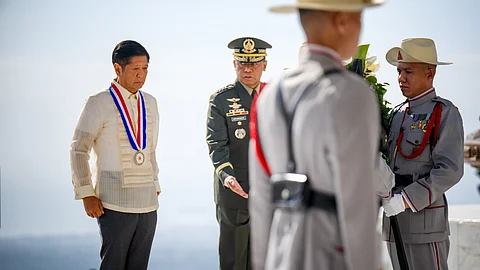 President Ferdinand Romualdez Marcos Jr. leads the wreath-laying ceremony during the commemoration of the 82nd Araw ng Kagitingan on 9 April 2024 at the Mt. Samat Shrine in Pilar, Bataan, joined by Armed Forces Chief General Romeo Brawner, U.S. Embassy Chargé d’Affaires Robert Ewing, and Japanese Ambassador to the Philippines Endo Kazuya.