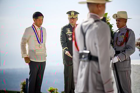 President Ferdinand Romualdez Marcos Jr. leads the wreath-laying ceremony during the commemoration of the 82nd Araw ng Kagitingan on 9 April 2024. Mt. Samat Shrine in Pilar, Bataan with Armed Forces Chief General Romeo Brawner, US Embassy Chargé D'Affaires Robert Ewing, and Japanese Ambassador to the Philippines Endo Kazuya.