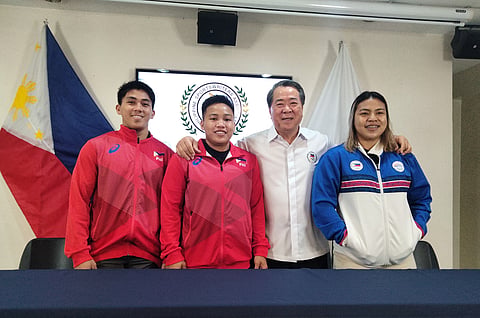 WEIGHTLIFTING president Monico Puentevella (second from right) is determined to send John Ceniza, Elreen Ando and Vanessa Sarno to a training camp in Taipei in preparation for the Paris Olympics.