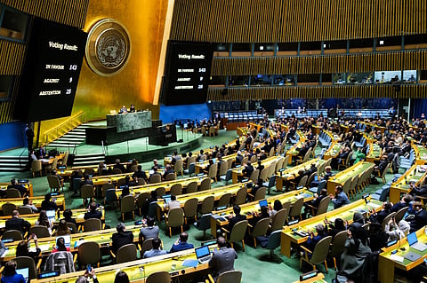 The results of a vote on a resolution for the UN Security Council to reconsider and support the full membership of Palestine into the United Nations is displayed during a special session of the UN General Assembly, at UN headquarters in New York City on 10 May 2024. A veto from the United States during an 18 Apri 2024 UN Security Council meeting previously foiled the Palestinians' drive for full UN membership.