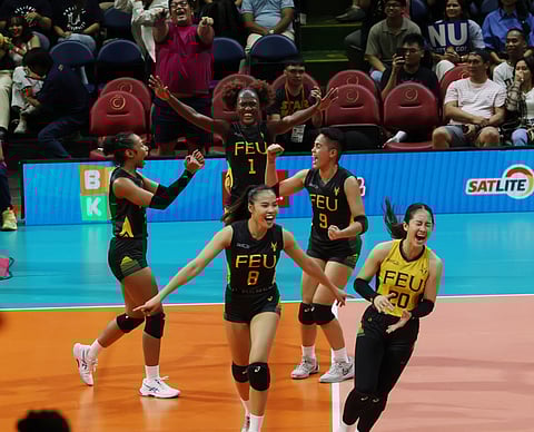 The Far Eastern University Lady Tamaraws celebrate their 25-23, 25-17, 25-23 victory over top-seed National University in their UAAP Season 86 women’s volleyball tournament Final Four at the Smart Araneta Coliseum.