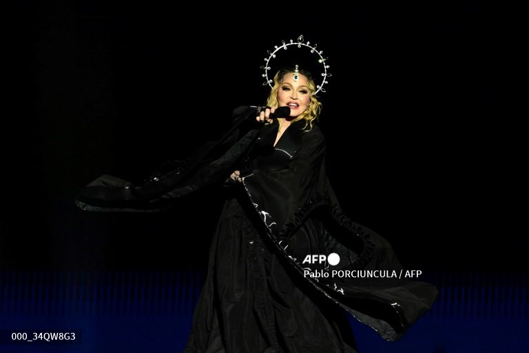 US pop star Madonna performs onstage during a free concert at Copacabana beach in Rio de Janeiro, Brazil, on 4 May 2024. Madonna ended her "The Celebration Tour" with a performance attended by some 1.5 million enthusiastic fans.