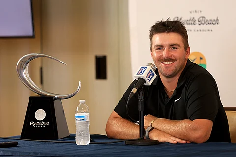 MYRTLE BEACH, SOUTH CAROLINA - MAY 12: Chris Gotterup speaks to the media following his victory at the Myrtle Beach Classic at Dunes Golf & Beach Club on May 12, 2024 in Myrtle Beach, South Carolina.