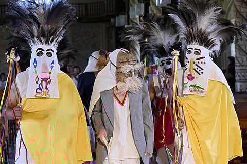 DANCERS of the indigenous opera group perform at the church of the town of San Javier in the Bolivian Chiquitania, Santa Cruz Department, Bolivia. A rare baroque opera written by an indigenous man and hidden for centuries at a church in the Bolivian Amazon came to life with a staging in its original dialect by the symphonic orchestra of the Amazon village of San Javier.