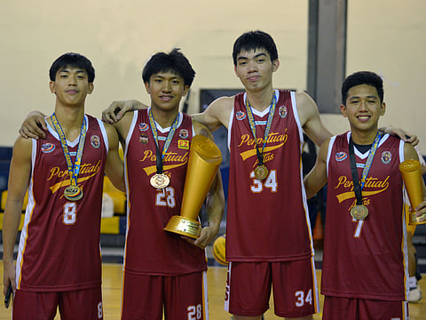 LOUIE Rosales, JD Pagulayan, Lebron Daep and Icee Callangan celebrate after leading Perpetual to the title of Season 99 NCAA boys’ 3x3 basketball event.