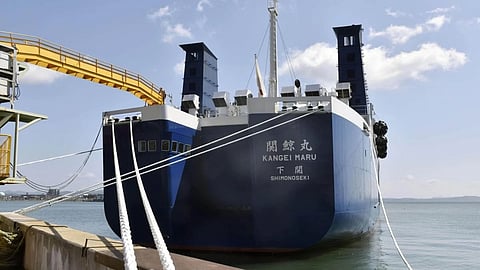 The Kangei Maru, the world’s only whaling factory ship, is seen berthed at a dock in Shimonoseki, western Japan, on March 29.