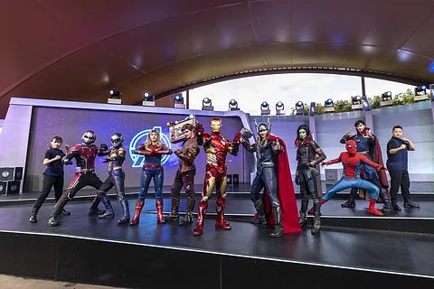 AVENGERS (starting second from left) Ant-Man, Hope Van Dyne, Captain Marvel, Peter Quill, Iron Man, Thor, Gamora, Spider-Man and Doctor Strange.
